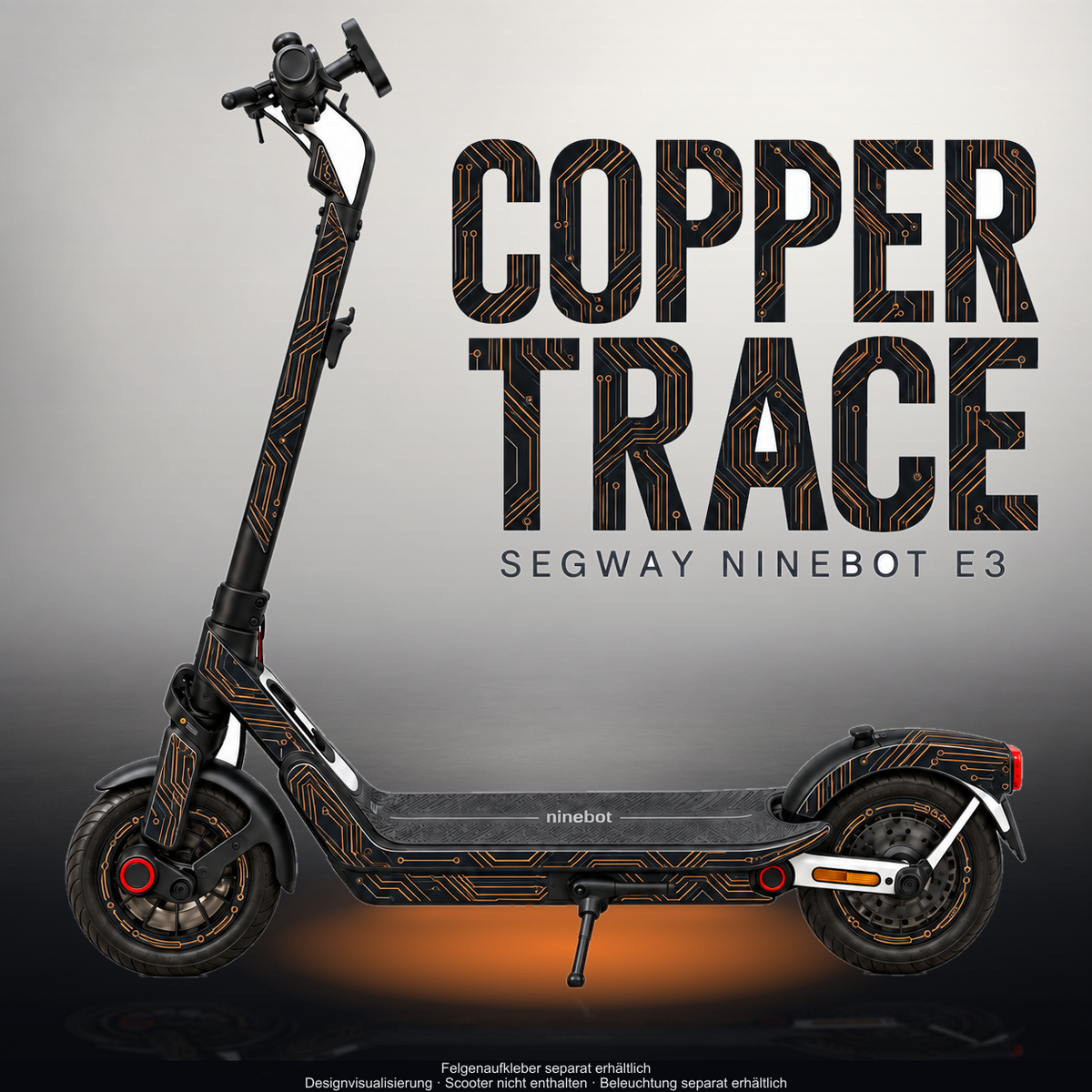 SEGWAY NINEBOT E3 / E3 PRO SKIN | COPPER TRACE – Designvisualisierung im Studio-Look mit Licht in der Skinfarbe; Scooter nicht enthalten, Beleuchtung separat erhältlich
