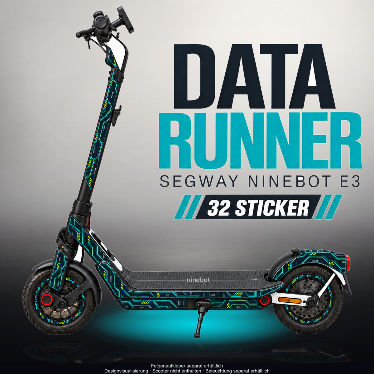 SEGWAY NINEBOT E3 / E3 PRO SKIN | DATA RUNNER – Designvisualisierung im Studio-Look mit Licht in der Skinfarbe; Scooter nicht enthalten, Beleuchtung separat erhältlich