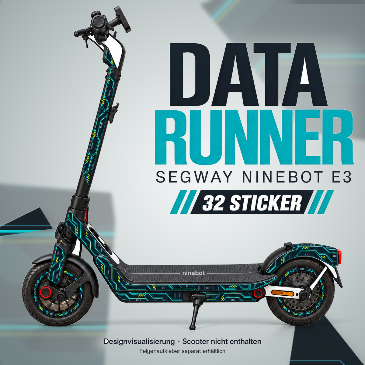 DATA RUNNER Skin für Segway Ninebot E3. Felgenaufkleber separat erhältlich.