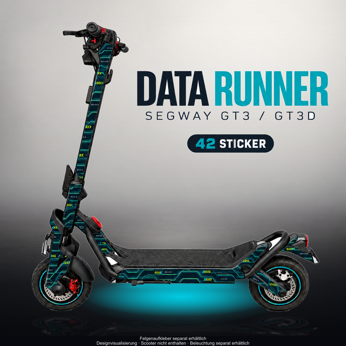 SEGWAY NINEBOT GT3 SKIN | DATA RUNNER – Designvisualisierung im Studio-Look mit Licht in der Skinfarbe; Scooter nicht enthalten, Beleuchtung separat erhältlich