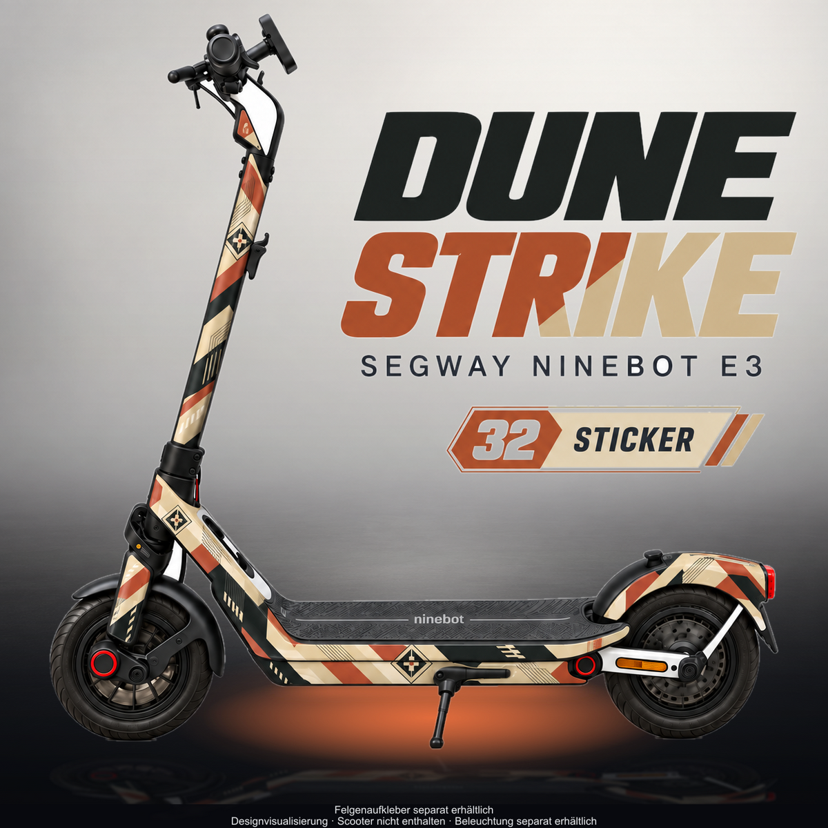 SEGWAY NINEBOT E3 / E3 PRO SKIN | DUNE STRIKE – Designvisualisierung im Studio-Look mit Licht in der Skinfarbe; Scooter nicht enthalten, Beleuchtung separat erhältlich
