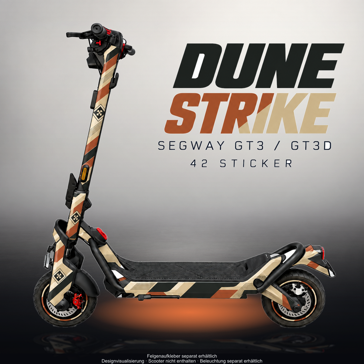SEGWAY NINEBOT GT3 SKIN | DUNE STRIKE – Designvisualisierung im Studio-Look mit Licht in der Skinfarbe; Scooter nicht enthalten, Beleuchtung separat erhältlich