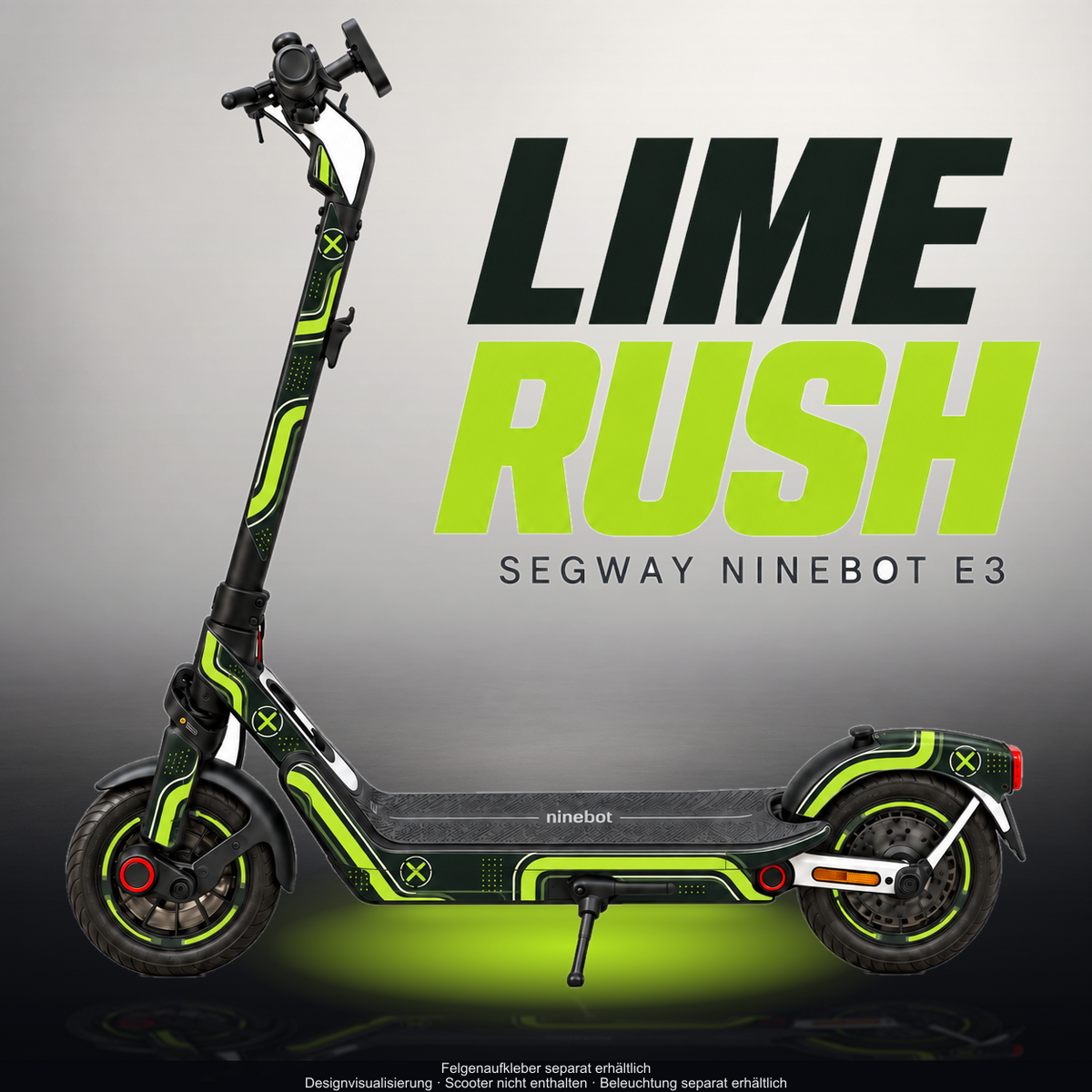 SEGWAY NINEBOT E3 / E3 PRO SKIN | LIME RUSH – Designvisualisierung im Studio-Look mit Licht in der Skinfarbe; Scooter nicht enthalten, Beleuchtung separat erhältlich