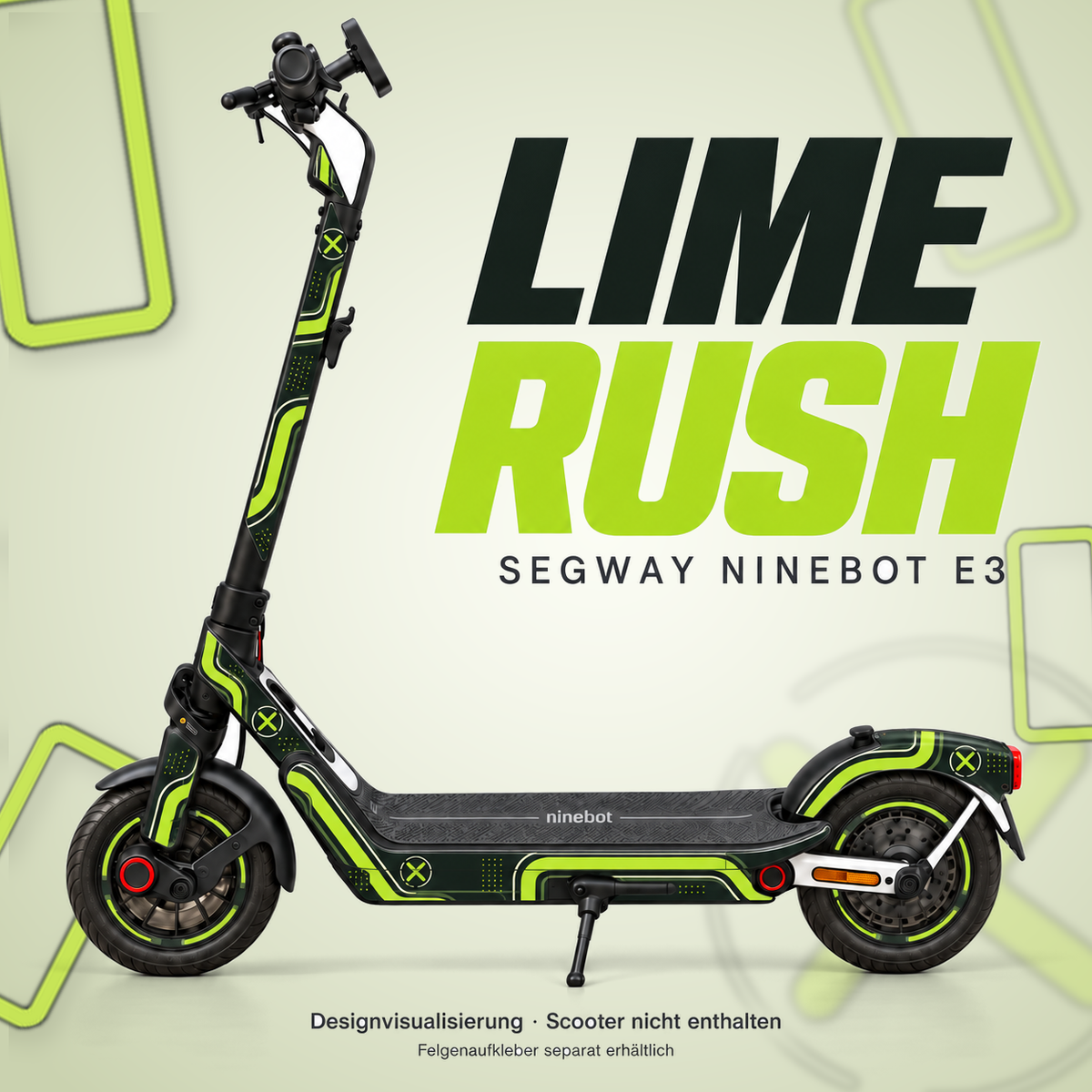 LIME RUSH Skin für Segway Ninebot E3. Felgenaufkleber separat erhältlich.