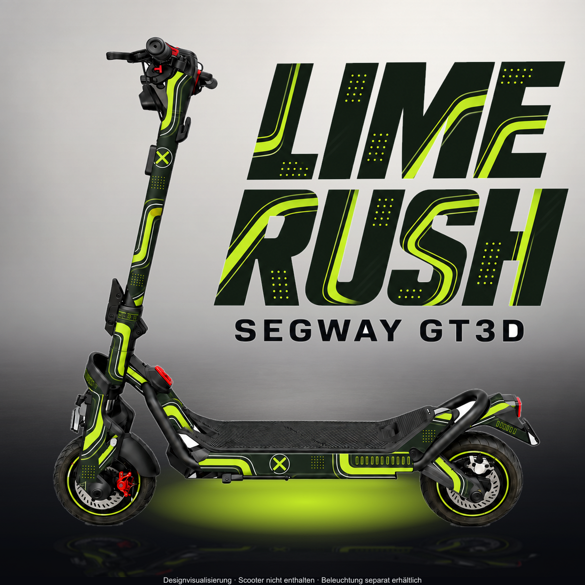 SEGWAY NINEBOT GT3 SKIN | LIME RUSH – Designvisualisierung im Studio-Look mit Licht in der Skinfarbe; Scooter nicht enthalten, Beleuchtung separat erhältlich