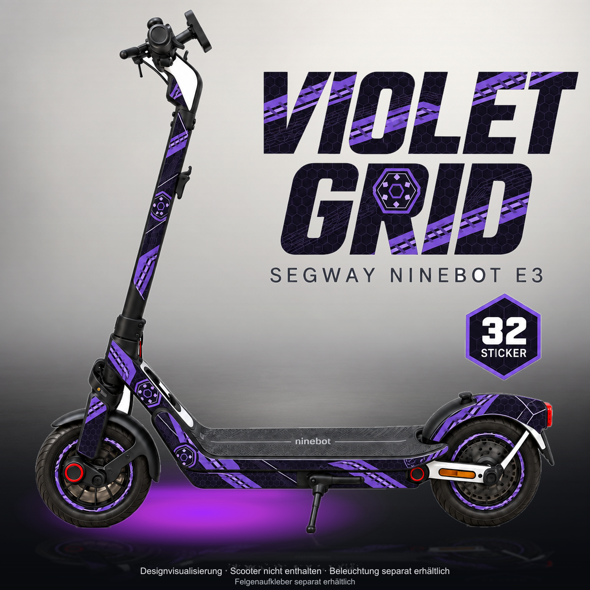 SEGWAY NINEBOT E3 / E3 PRO SKIN | VIOLET GRID – Studiofoto mit Licht in der Skinfarbe; Scooter und Beleuchtung separat erhältlich