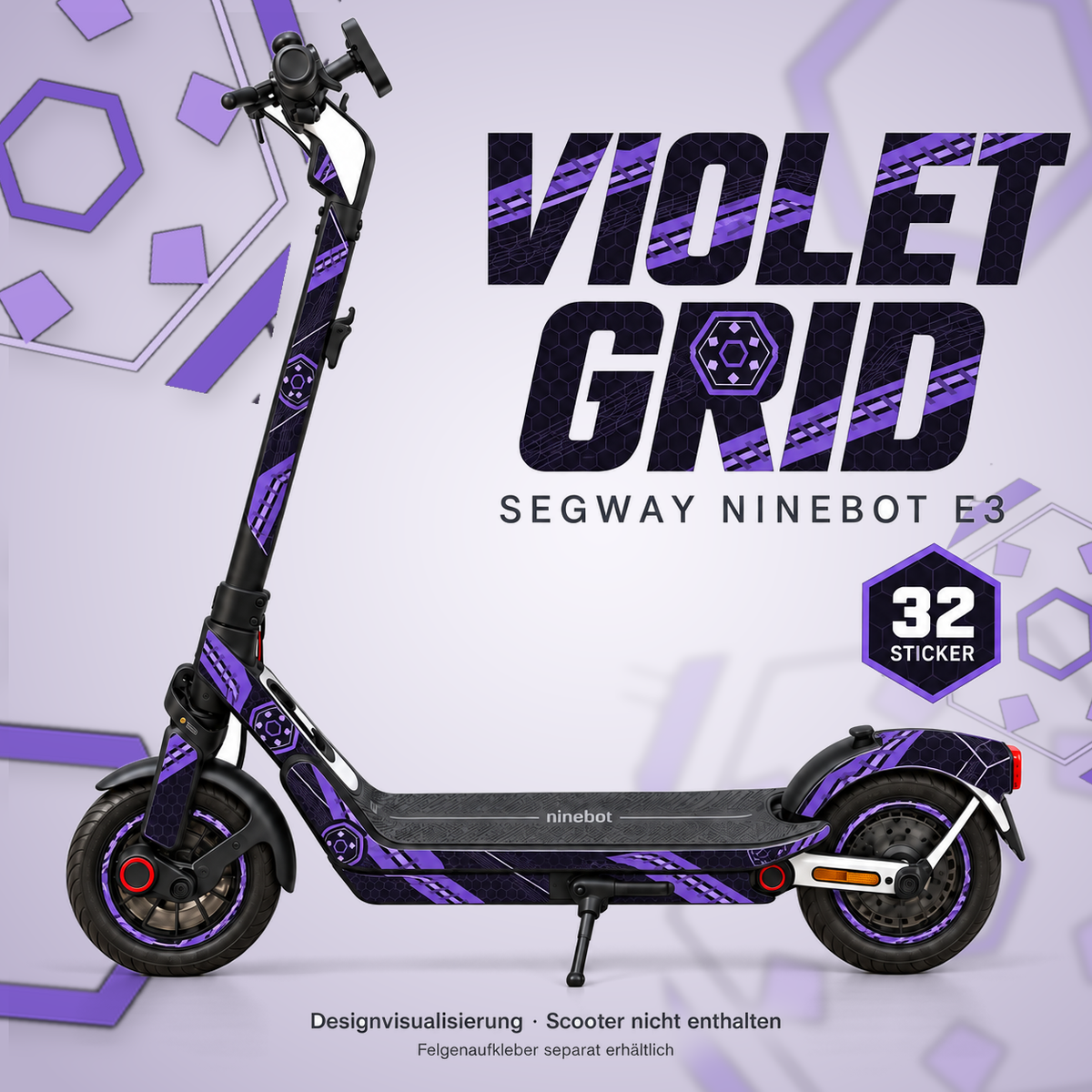 VIOLET GRID Skin für Segway Ninebot E3. Felgenaufkleber separat erhältlich.