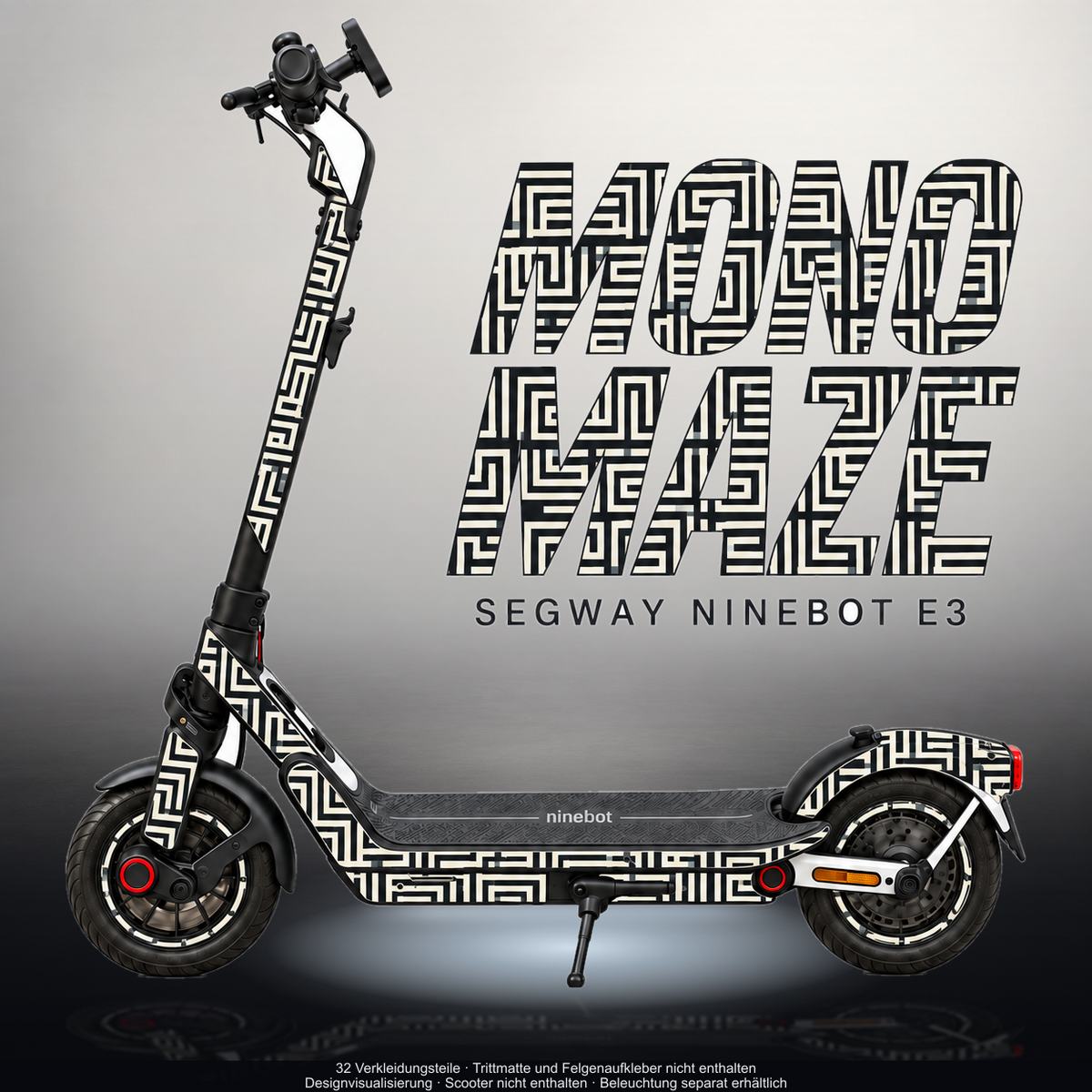 SEGWAY NINEBOT E3 / E3 PRO SKIN | MONO MAZE – Designvisualisierung im Studio-Look mit Licht in der Skinfarbe; Scooter nicht enthalten, Beleuchtung separat erhältlich