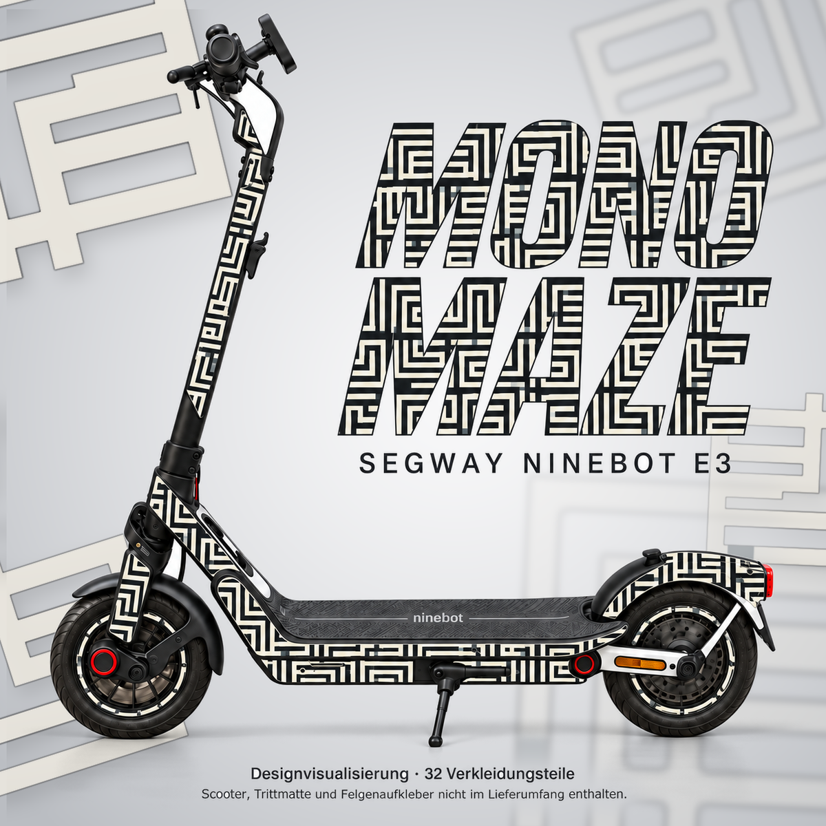 MONO MAZE Skin für Segway Ninebot E3. Felgenaufkleber separat erhältlich.