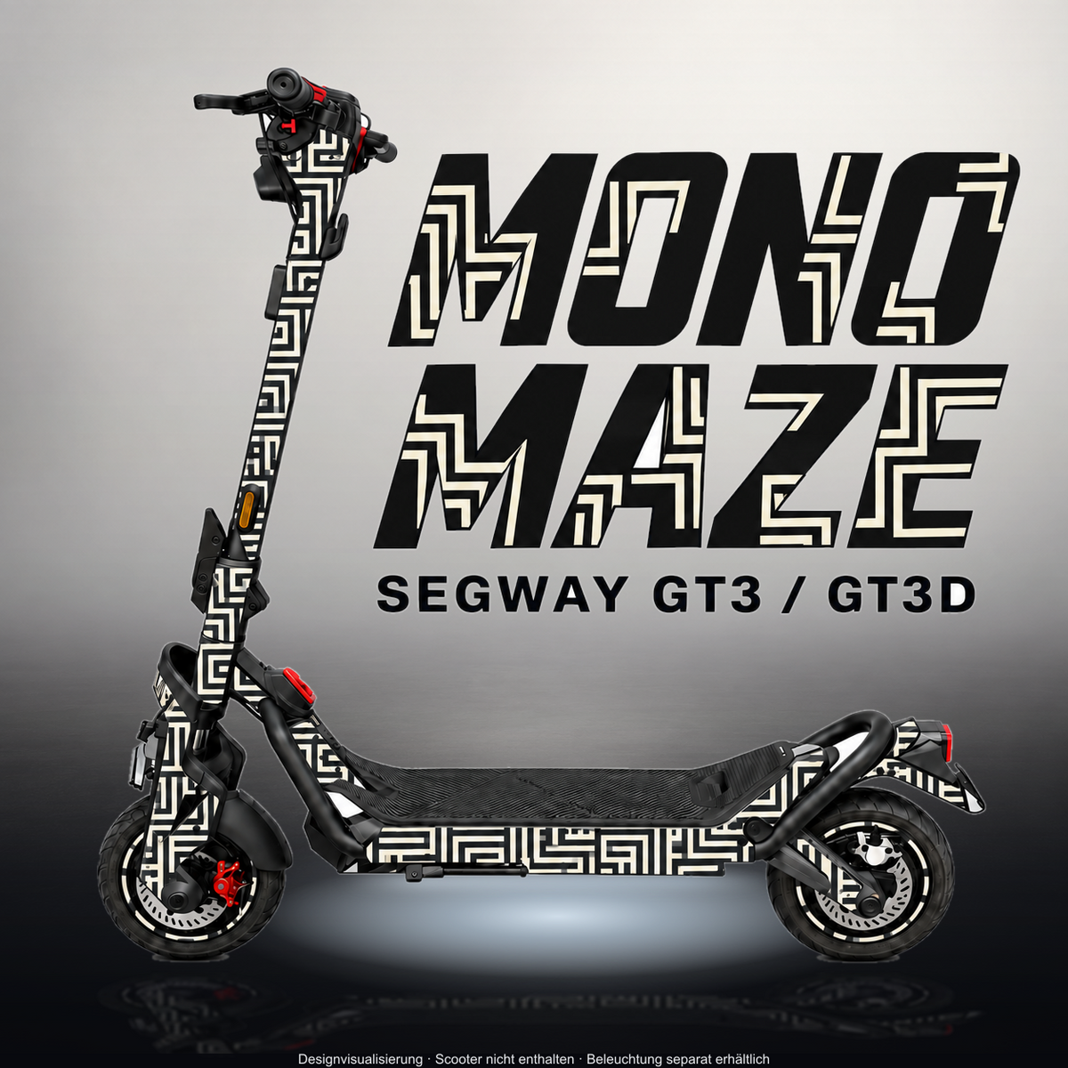SEGWAY NINEBOT GT3 SKIN | MONO MAZE – Designvisualisierung im Studio-Look mit Licht in der Skinfarbe; Scooter nicht enthalten, Beleuchtung separat erhältlich