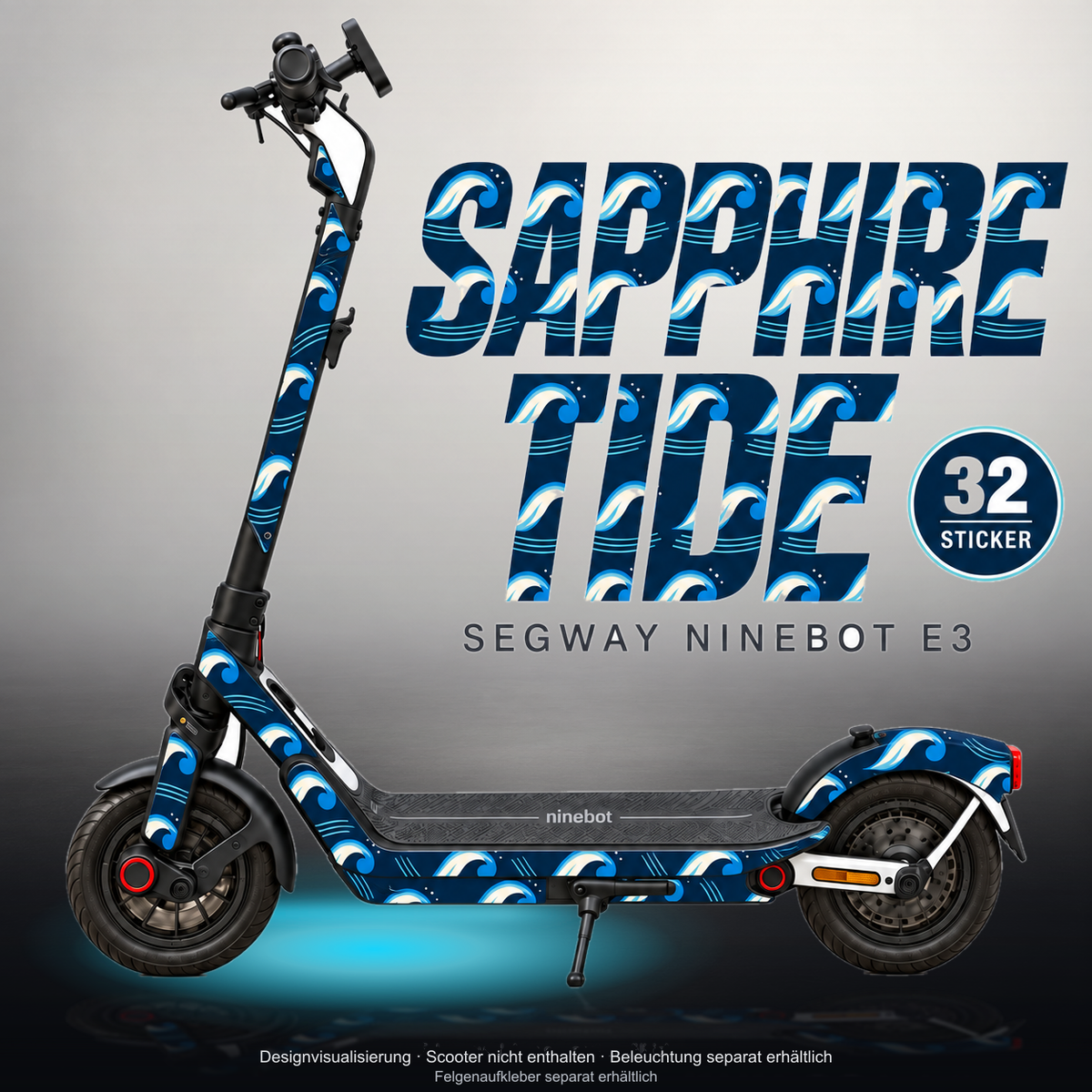 SEGWAY NINEBOT E3 / E3 PRO SKIN | SAPPHIRE TIDE – Studiofoto mit Licht in der Skinfarbe; Scooter und Beleuchtung separat erhältlich