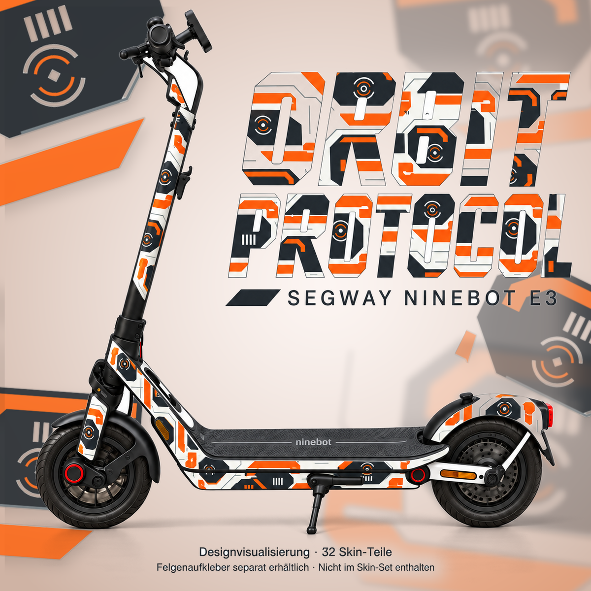 ORBIT PROTOCOL Skin für Segway Ninebot E3. Felgenaufkleber separat erhältlich.