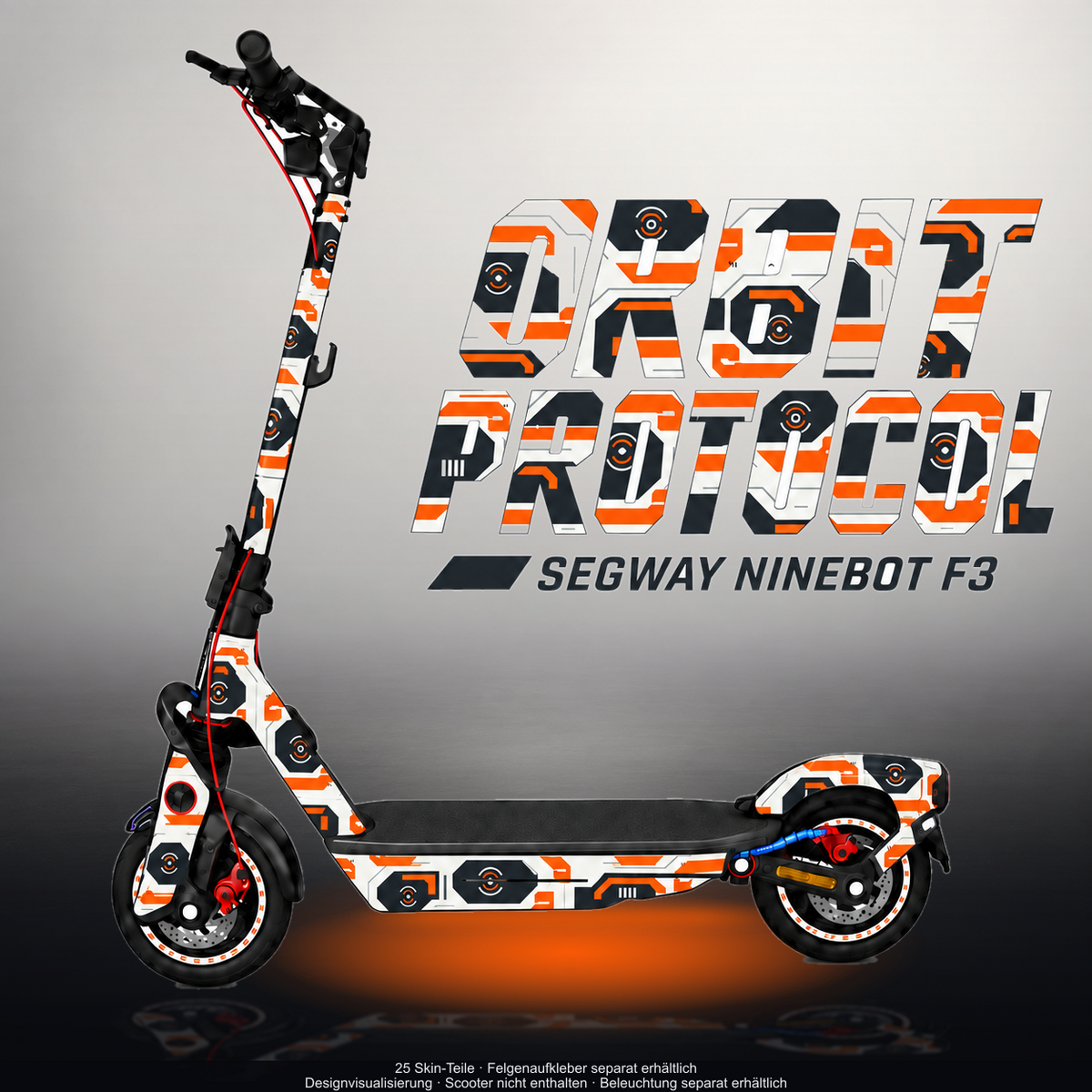 SEGWAY NINEBOT F3 / F3 PRO SKIN | ORBIT PROTOCOL – Designvisualisierung im Studio-Look mit Licht in der Skinfarbe; Scooter nicht enthalten, Beleuchtung separat erhältlich