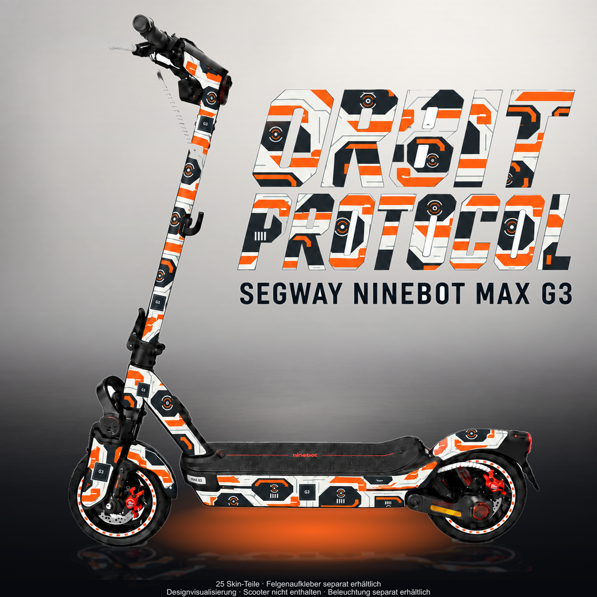 SEGWAY NINEBOT G3 / G3 D / G3 E SKIN | ORBIT PROTOCOL – Designvisualisierung im Studio-Look mit Licht in der Skinfarbe; Scooter nicht enthalten, Beleuchtung separat erhältlich