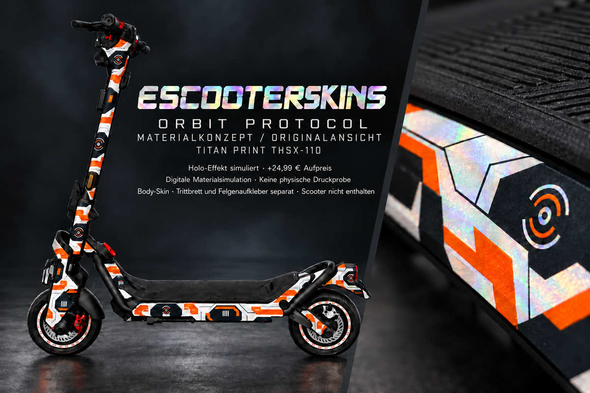ORBIT PROTOCOL – Holo-Effekt simuliert; +24,99 EUR Aufpreis. Digitale Materialsimulation, keine physische Druckprobe. Nur Body-Skin; Trittbrett und Felgenaufkleber separat; Scooter nicht enthalten.