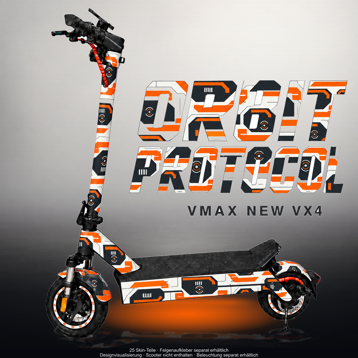 VMAX NEW VX4 SKIN | ORBIT PROTOCOL – Designvisualisierung im Studio-Look mit Licht in der Skinfarbe; Scooter nicht enthalten, Beleuchtung separat erhältlich