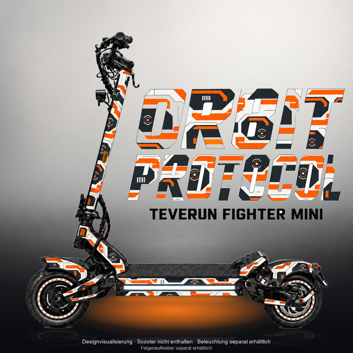 TEVERUN FIGHTER MINI / PRO SKIN | ORBIT PROTOCOL – Designvisualisierung im Studio-Look mit Licht in der Skinfarbe; Scooter nicht enthalten, Beleuchtung separat erhältlich