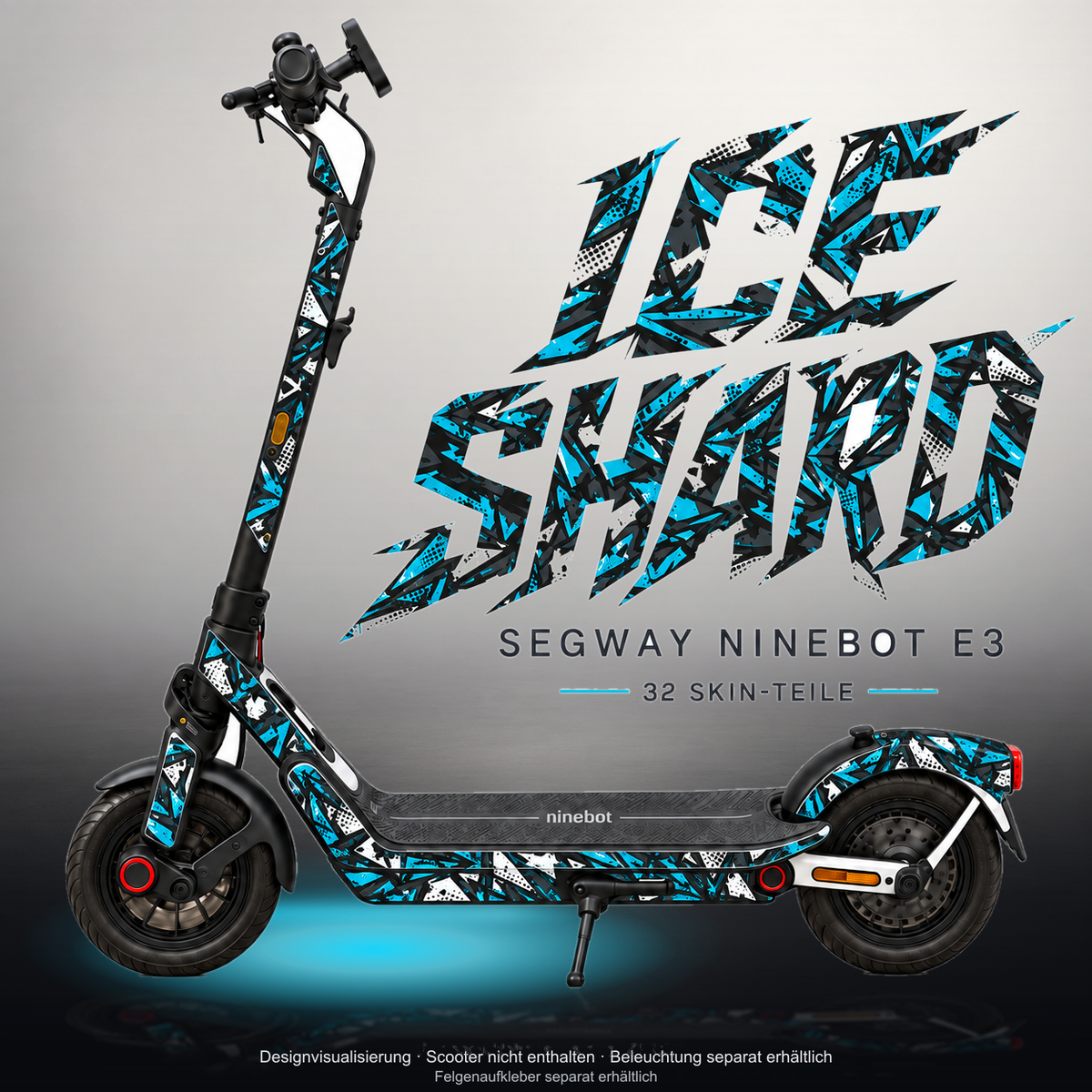 SEGWAY NINEBOT E3 / E3 PRO SKIN | ICE SHARD – Studiofoto mit Licht in der Skinfarbe; Scooter und Beleuchtung separat erhältlich