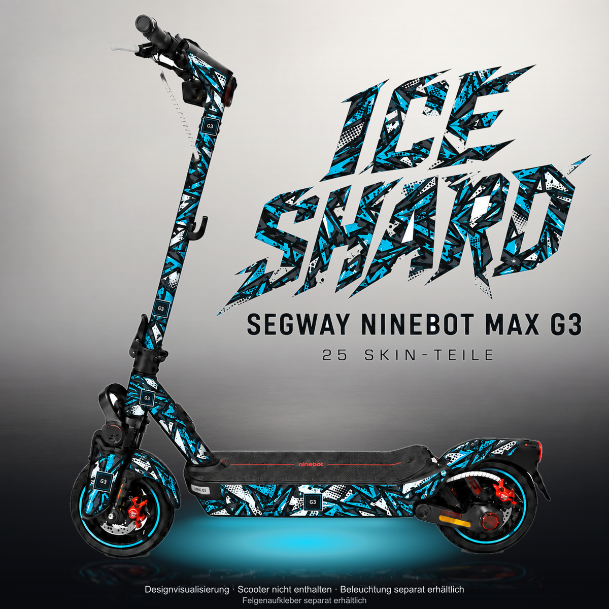 SEGWAY NINEBOT G3 / G3 D / G3 E SKIN | ICE SHARD – Studiofoto mit Licht in der Skinfarbe; Scooter und Beleuchtung separat erhältlich