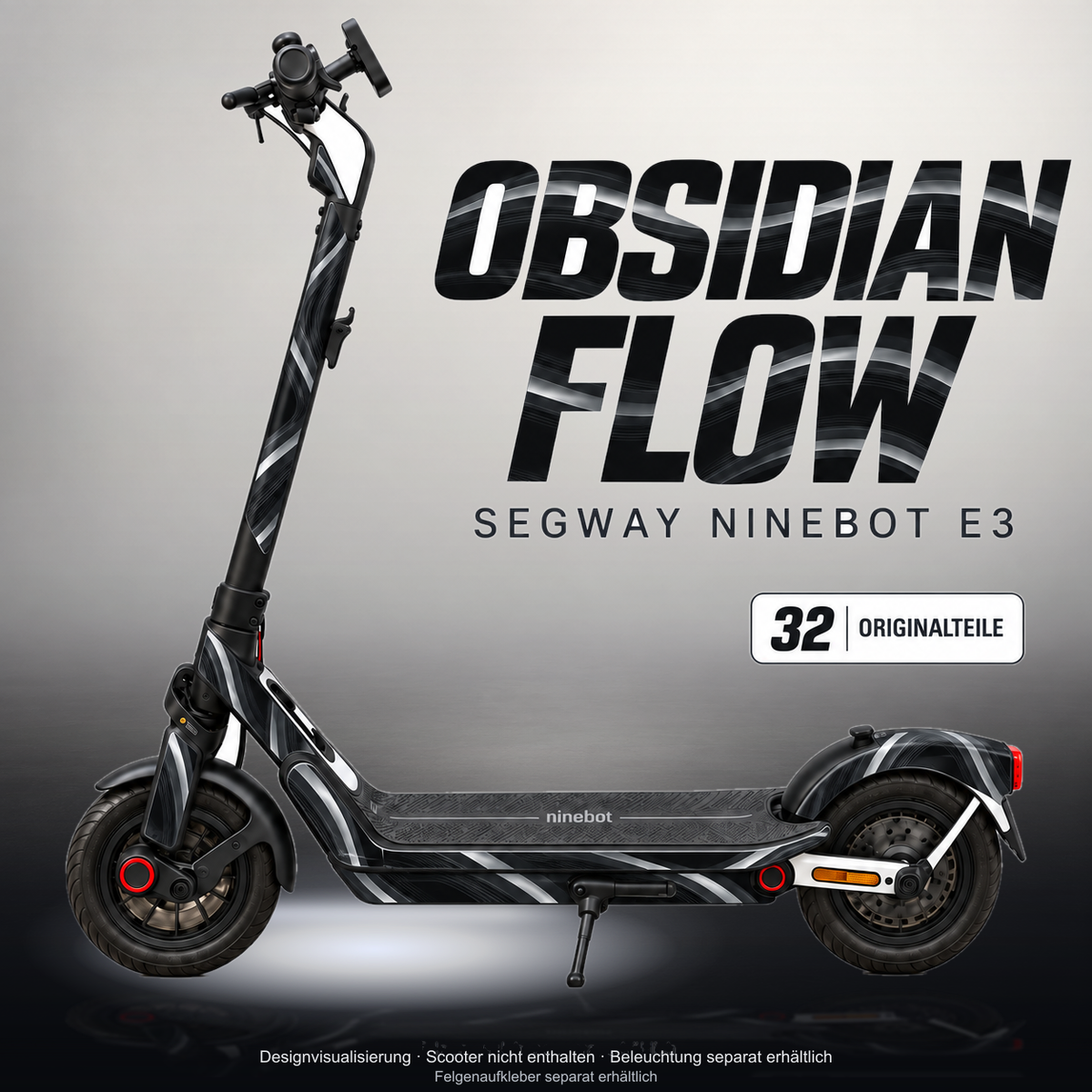 SEGWAY NINEBOT E3 / E3 PRO SKIN | OBSIDIAN FLOW – Studiofoto mit Licht in der Skinfarbe; Scooter und Beleuchtung separat erhältlich