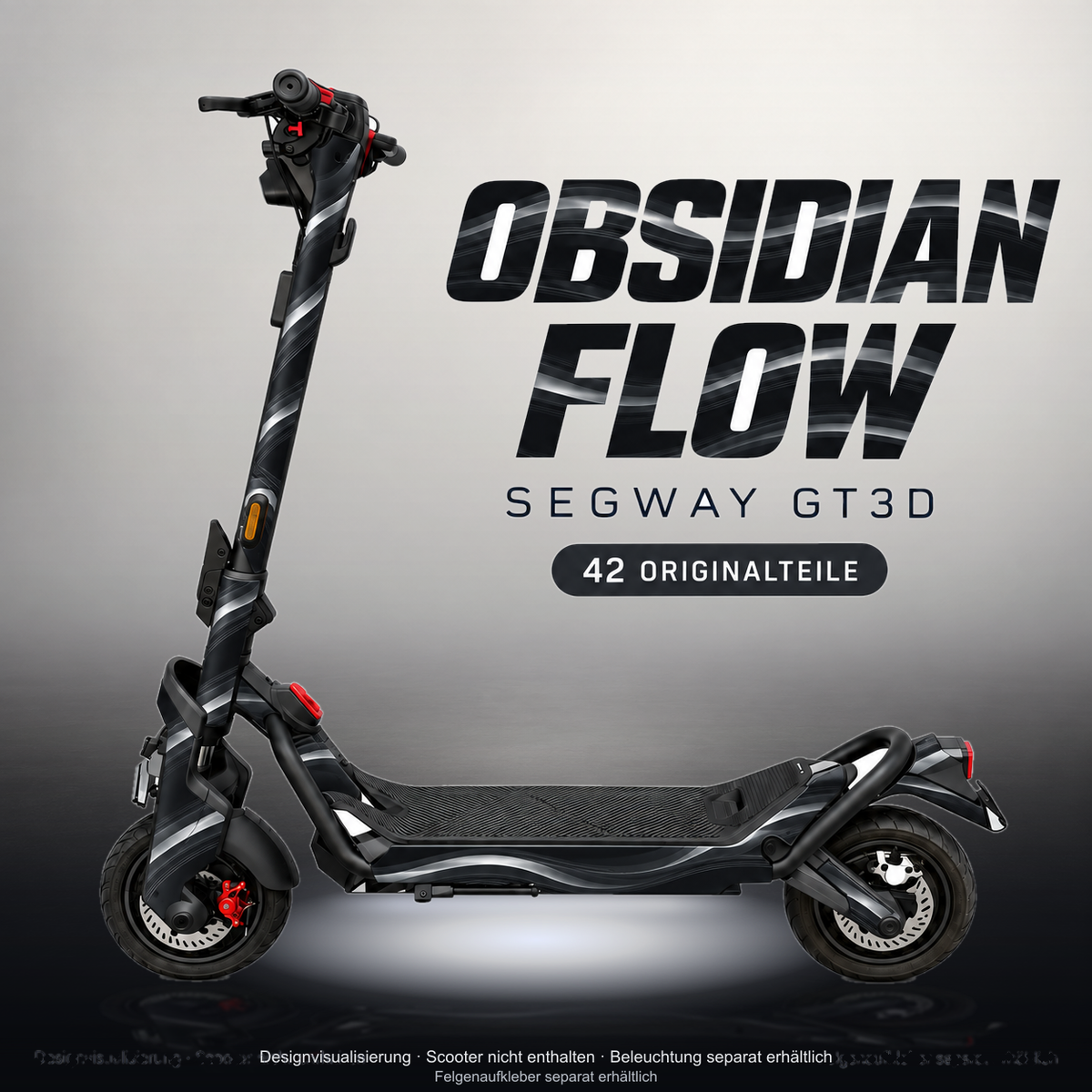 SEGWAY NINEBOT GT3 SKIN | OBSIDIAN FLOW – Studiofoto mit Licht in der Skinfarbe; Scooter und Beleuchtung separat erhältlich
