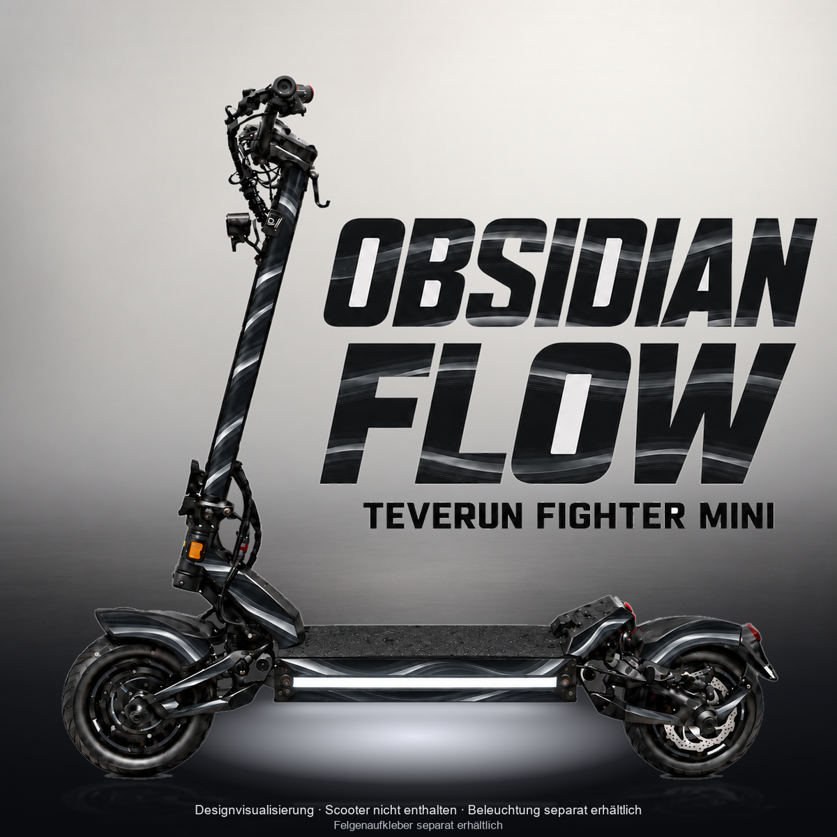 TEVERUN FIGHTER MINI / PRO SKIN | OBSIDIAN FLOW – Studiofoto mit Licht in der Skinfarbe; Scooter und Beleuchtung separat erhältlich
