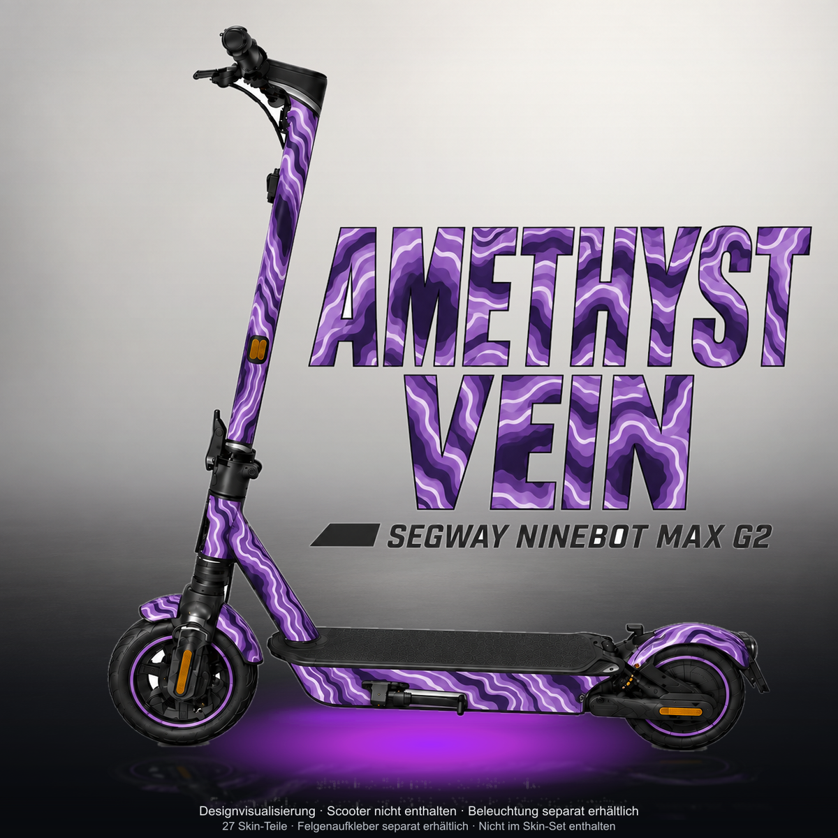SEGWAY NINEBOT G2 MAX SKIN | AMETHYST VEIN – Studiofoto mit Licht in der Skinfarbe; Scooter und Beleuchtung separat erhältlich