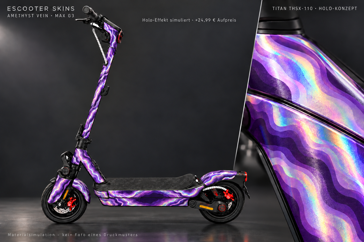 SEGWAY NINEBOT G3 / G3 D / G3 E SKIN | AMETHYST VEIN – Holo-Effekt simuliert; +24,99 EUR Aufpreis. Digitale Materialsimulation, keine physische Druckprobe. Nur Body-Skin; Scooter und Felgenaufkleber nicht enthalten.