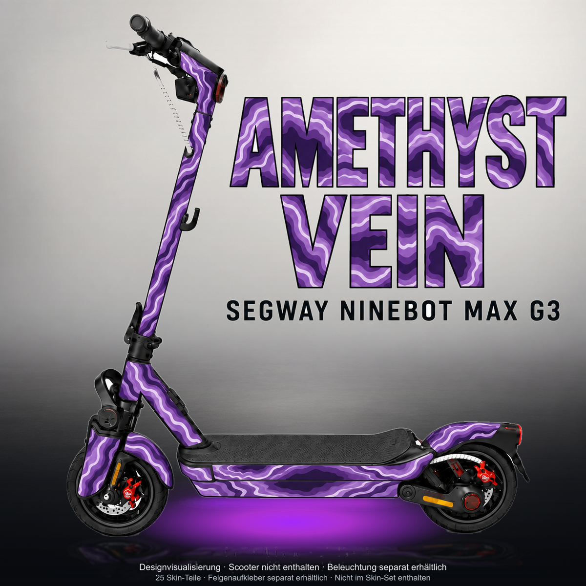 SEGWAY NINEBOT G3 / G3 D / G3 E SKIN | AMETHYST VEIN – Studiofoto mit Licht in der Skinfarbe; Scooter und Beleuchtung separat erhältlich