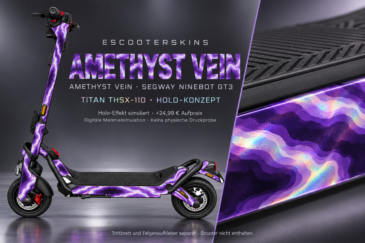 SEGWAY NINEBOT GT3 SKIN | AMETHYST VEIN – Holo-Effekt simuliert; +24,99 EUR Aufpreis. Digitale Materialsimulation, keine physische Druckprobe. Nur Body-Skin; Trittbrett und Felgenaufkleber separat; Scooter nicht enthalten.