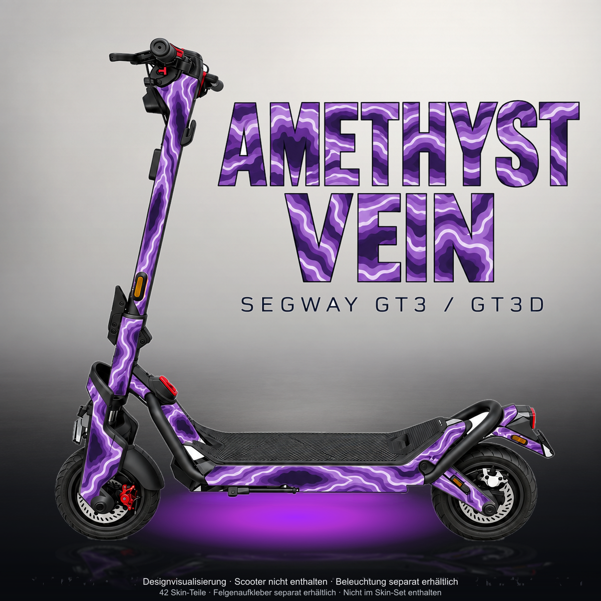 SEGWAY NINEBOT GT3 SKIN | AMETHYST VEIN – Studiofoto mit Licht in der Skinfarbe; Scooter und Beleuchtung separat erhältlich