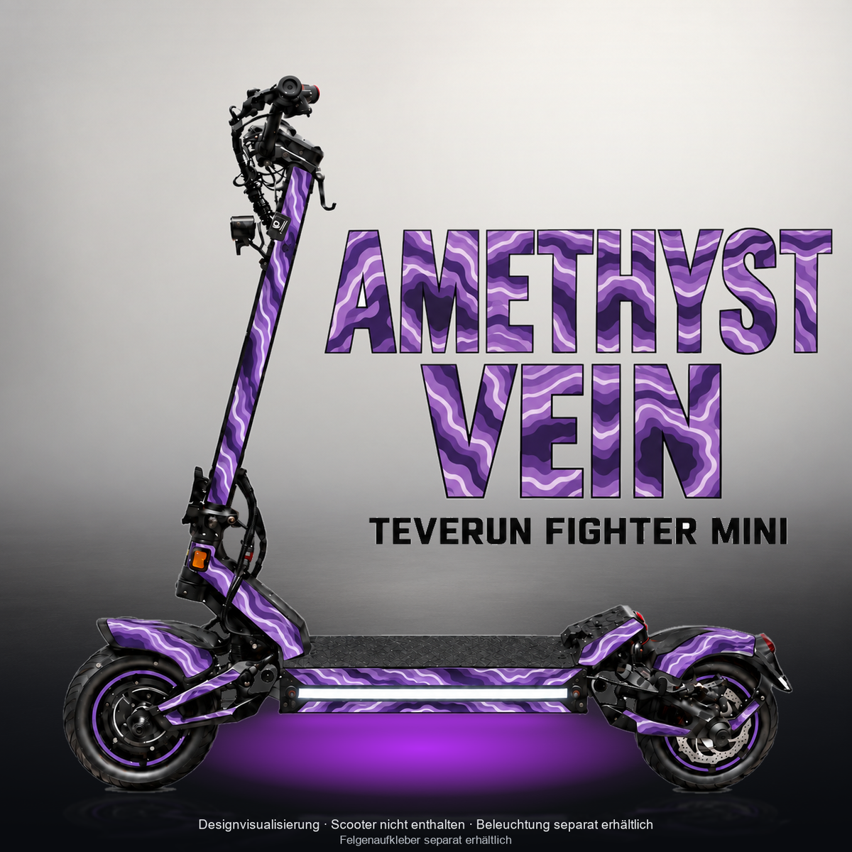 TEVERUN FIGHTER MINI / PRO SKIN | AMETHYST VEIN – Studiofoto mit Licht in der Skinfarbe; Scooter und Beleuchtung separat erhältlich