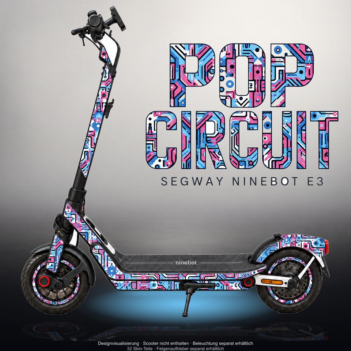 SEGWAY NINEBOT E3 / E3 PRO SKIN | POP CIRCUIT – Studiofoto mit Licht in der Skinfarbe; Scooter und Beleuchtung separat erhältlich