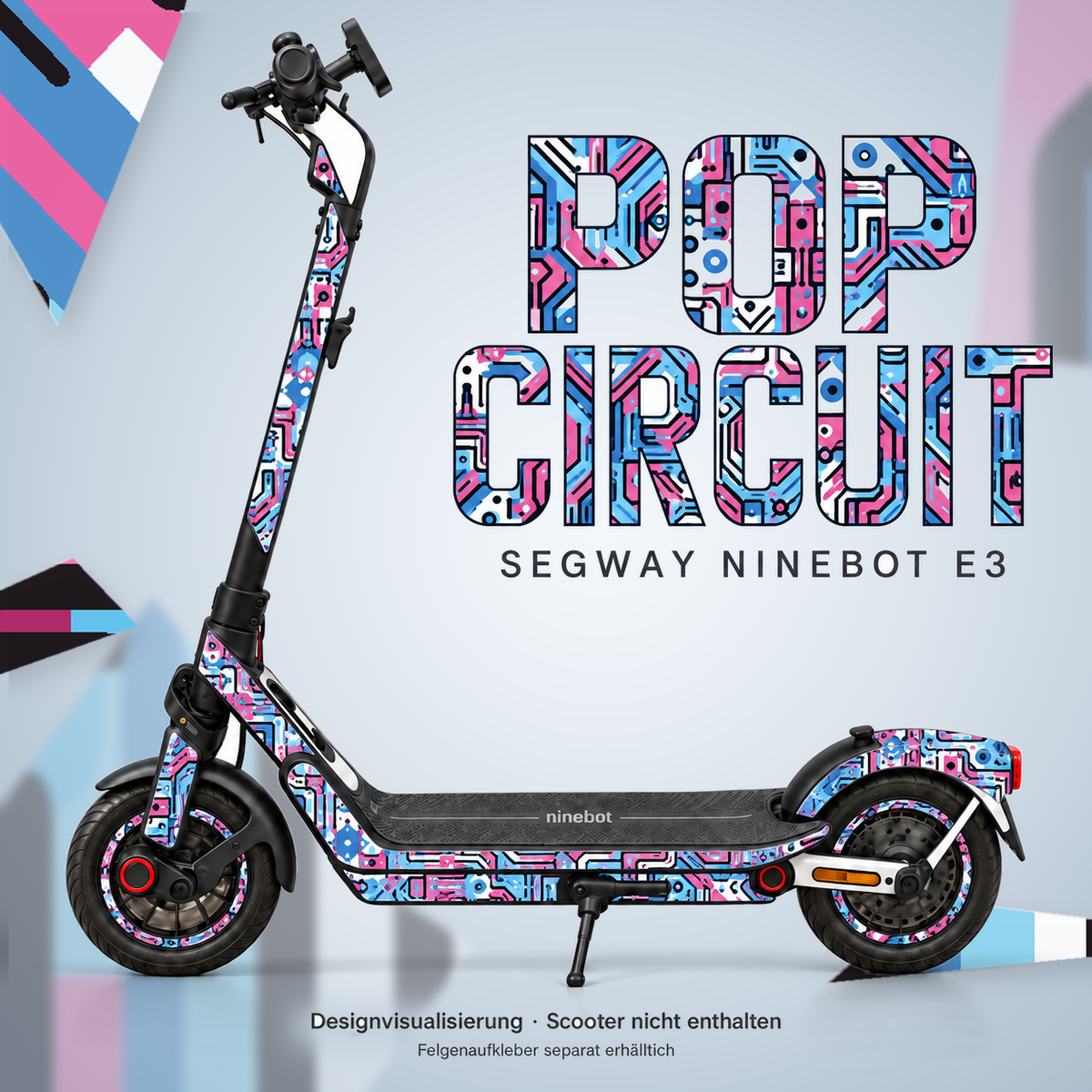 POP CIRCUIT Skin für Segway Ninebot E3. Felgenaufkleber separat erhältlich.