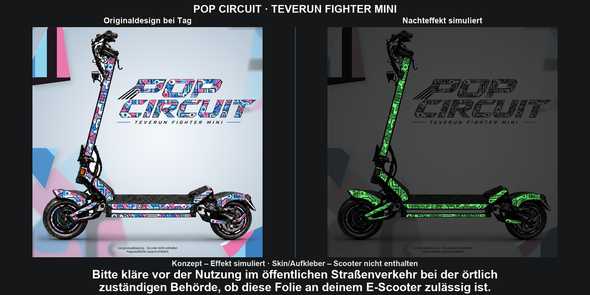 POP CIRCUIT · TEVERUN FIGHTER MINI: Glow in the Dark +29,99 € Aufpreis pro Skin-Set. Glow oben auswählen; Aufpreis im Gesamtpreis enthalten. Nachteffekt simuliert; Farbe und Leuchtstärke abhängig von Druck und Aufladung. Felgenaufkleber separat – nicht enthalten.