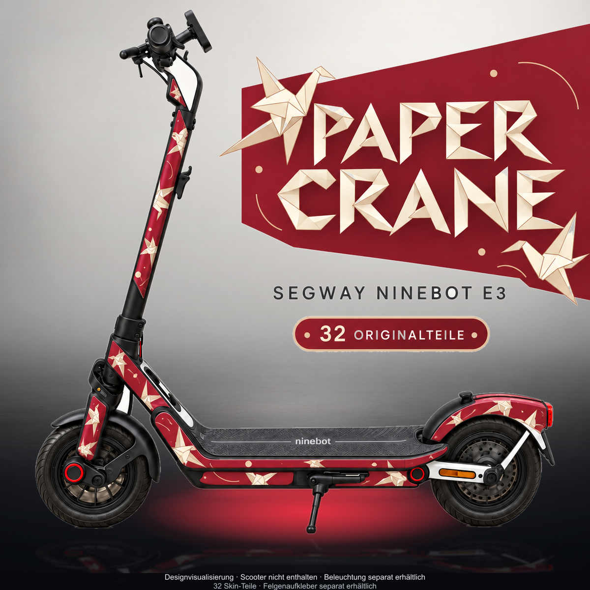 SEGWAY NINEBOT E3 / E3 PRO SKIN | PAPER CRANE – Studiofoto mit Licht in der Skinfarbe; Scooter und Beleuchtung separat erhältlich