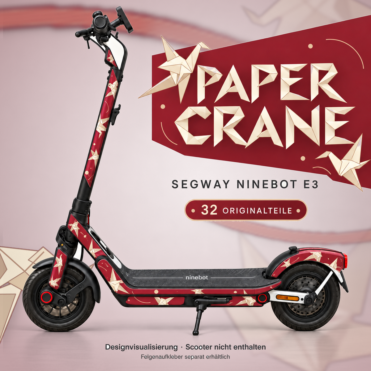 PAPER CRANE Skin für Segway Ninebot E3. Felgenaufkleber separat erhältlich.