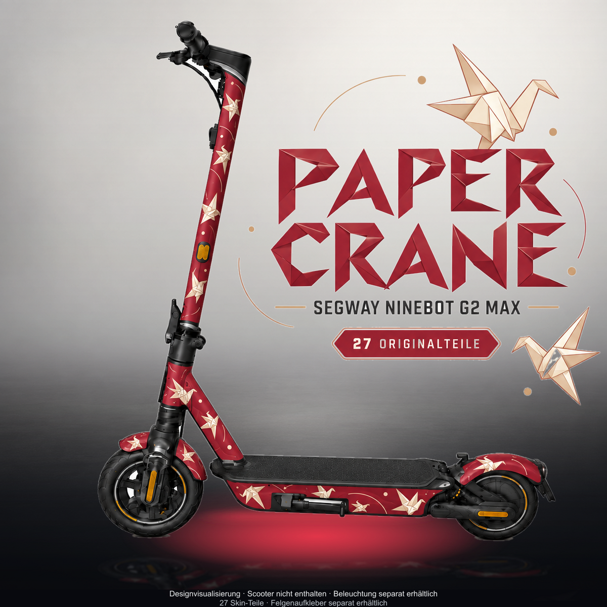 SEGWAY NINEBOT G2 MAX SKIN | PAPER CRANE – Studiofoto mit Licht in der Skinfarbe; Scooter und Beleuchtung separat erhältlich