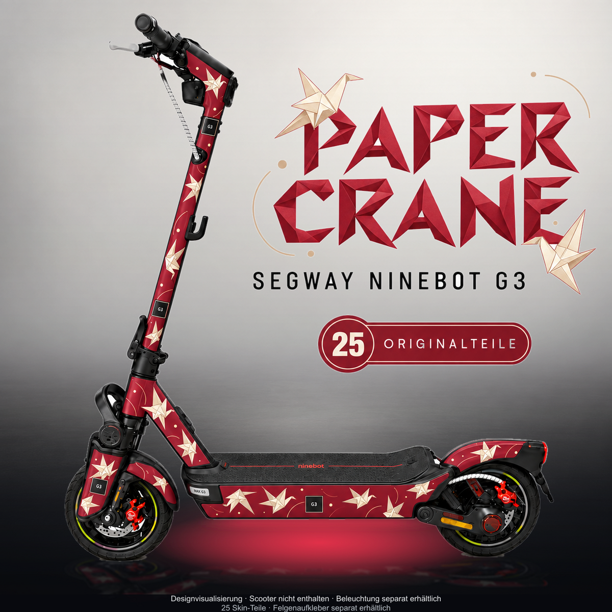 SEGWAY NINEBOT G3 / G3 D / G3 E SKIN | PAPER CRANE – Studiofoto mit Licht in der Skinfarbe; Scooter und Beleuchtung separat erhältlich