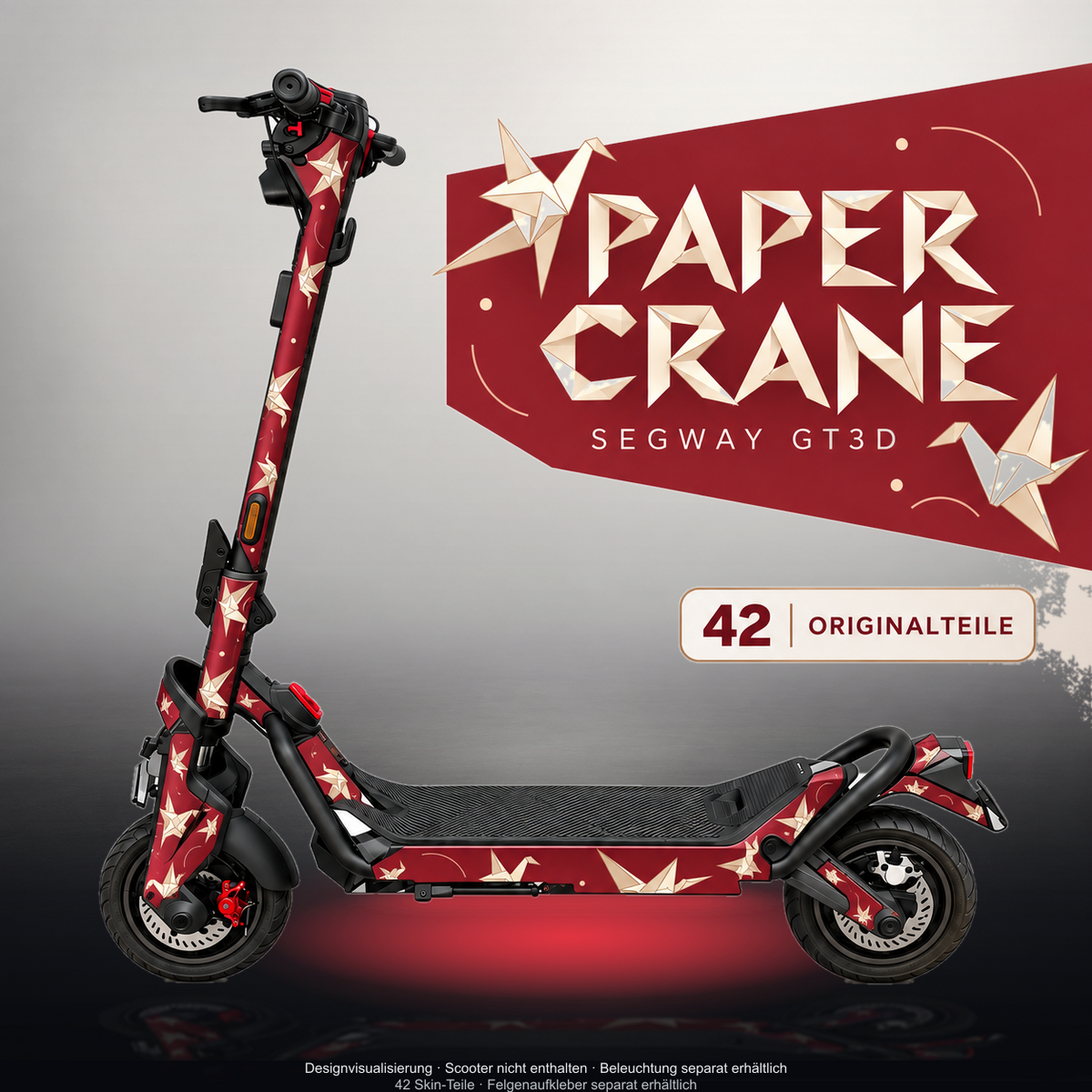 SEGWAY NINEBOT GT3 SKIN | PAPER CRANE – Studiofoto mit Licht in der Skinfarbe; Scooter und Beleuchtung separat erhältlich