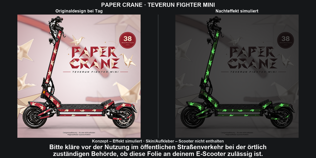 PAPER CRANE · TEVERUN FIGHTER MINI: Glow in the Dark +29,99 € Aufpreis pro Skin-Set. Glow oben auswählen; Aufpreis im Gesamtpreis enthalten. Nachteffekt simuliert; Farbe und Leuchtstärke abhängig von Druck und Aufladung. Felgenaufkleber separat – nicht enthalten.