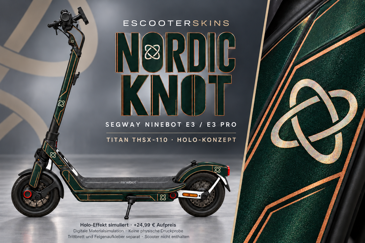 SEGWAY NINEBOT E3 / E3 PRO SKIN | NORDIC KNOT – Holo-Effekt simuliert; +24,99 EUR Aufpreis. Digitale Materialsimulation, keine physische Druckprobe. Nur Body-Skin; Trittbrett und Felgenaufkleber separat; Scooter nicht enthalten.