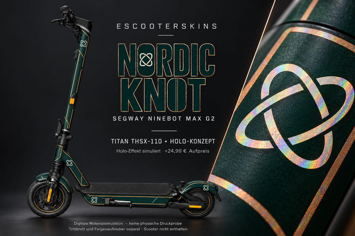 SEGWAY NINEBOT G2 MAX SKIN | NORDIC KNOT – Holo-Effekt simuliert; +24,99 EUR Aufpreis. Digitale Materialsimulation, keine physische Druckprobe. Nur Body-Skin; Trittbrett und Felgenaufkleber separat; Scooter nicht enthalten.
