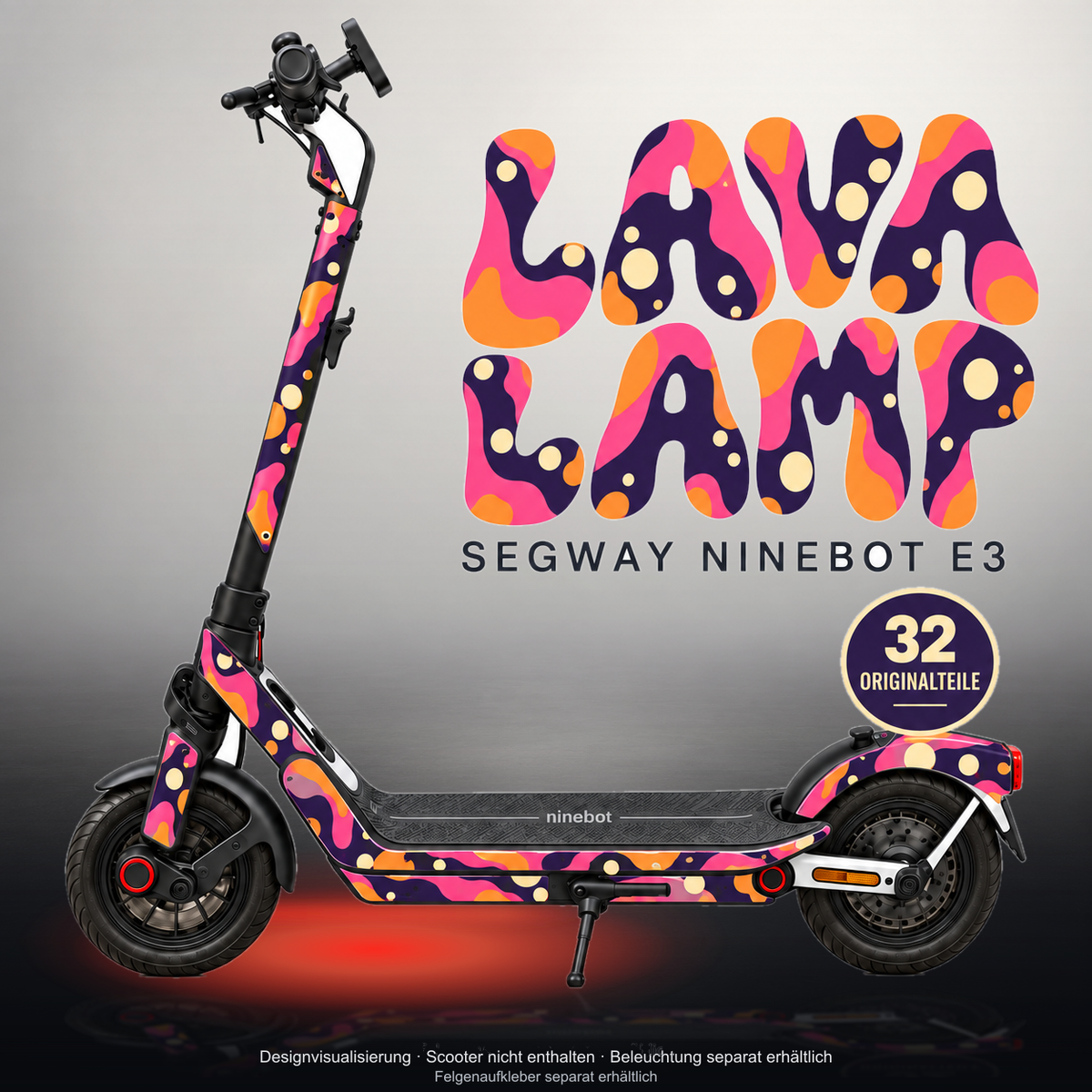 SEGWAY NINEBOT E3 / E3 PRO SKIN | LAVA LAMP – Studiofoto mit Licht in der Skinfarbe; Scooter und Beleuchtung separat erhältlich