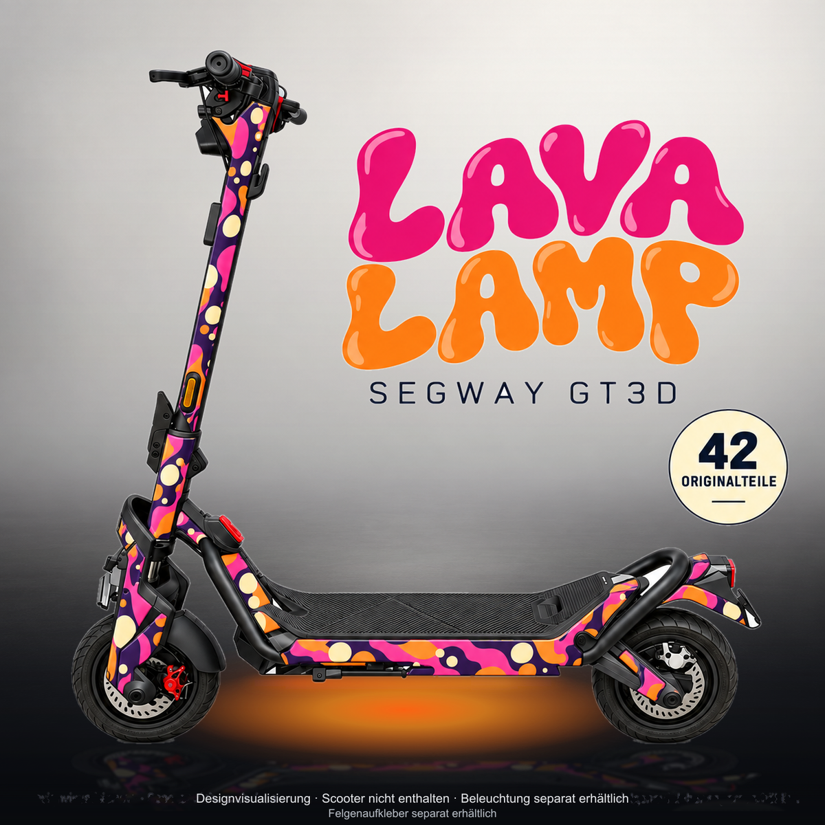 SEGWAY NINEBOT GT3 SKIN | LAVA LAMP – Studiofoto mit Licht in der Skinfarbe; Scooter und Beleuchtung separat erhältlich