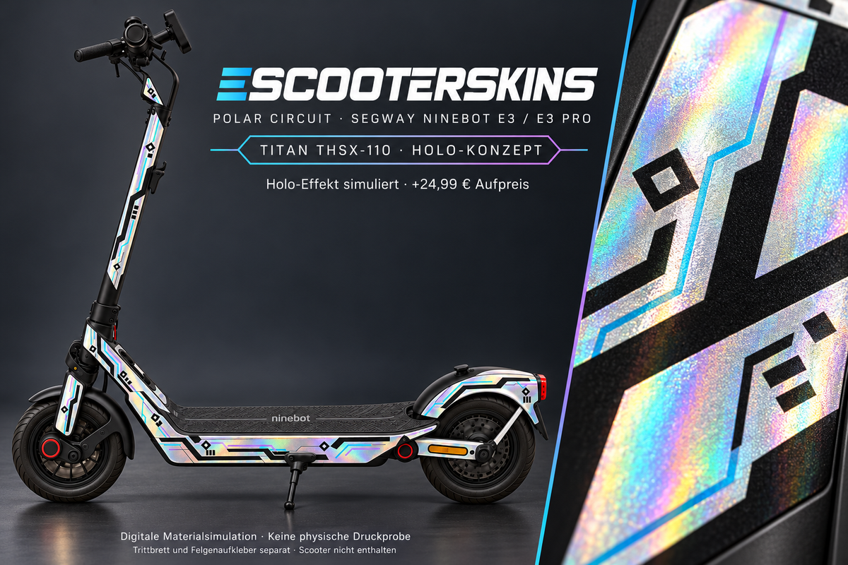 SEGWAY NINEBOT E3 / E3 PRO SKIN | POLAR CIRCUIT – Holo-Effekt simuliert; +24,99 EUR Aufpreis. Digitale Materialsimulation, keine physische Druckprobe. Nur Body-Skin; Trittbrett und Felgenaufkleber separat; Scooter nicht enthalten.