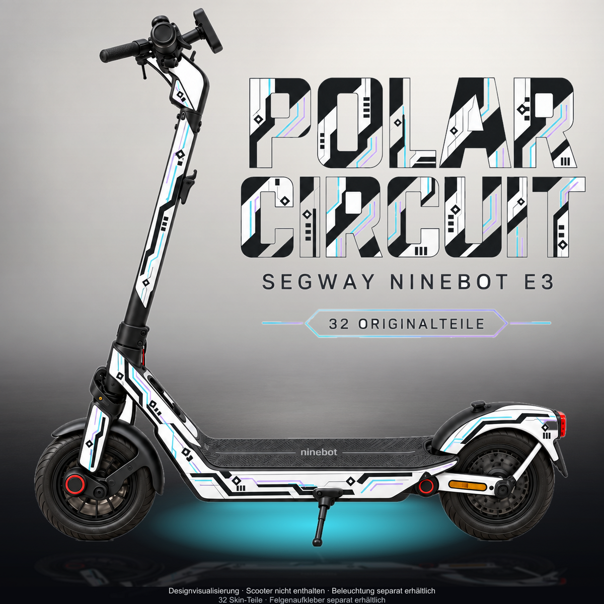 SEGWAY NINEBOT E3 / E3 PRO SKIN | POLAR CIRCUIT – Studiofoto mit Licht in der Skinfarbe; Scooter und Beleuchtung separat erhältlich