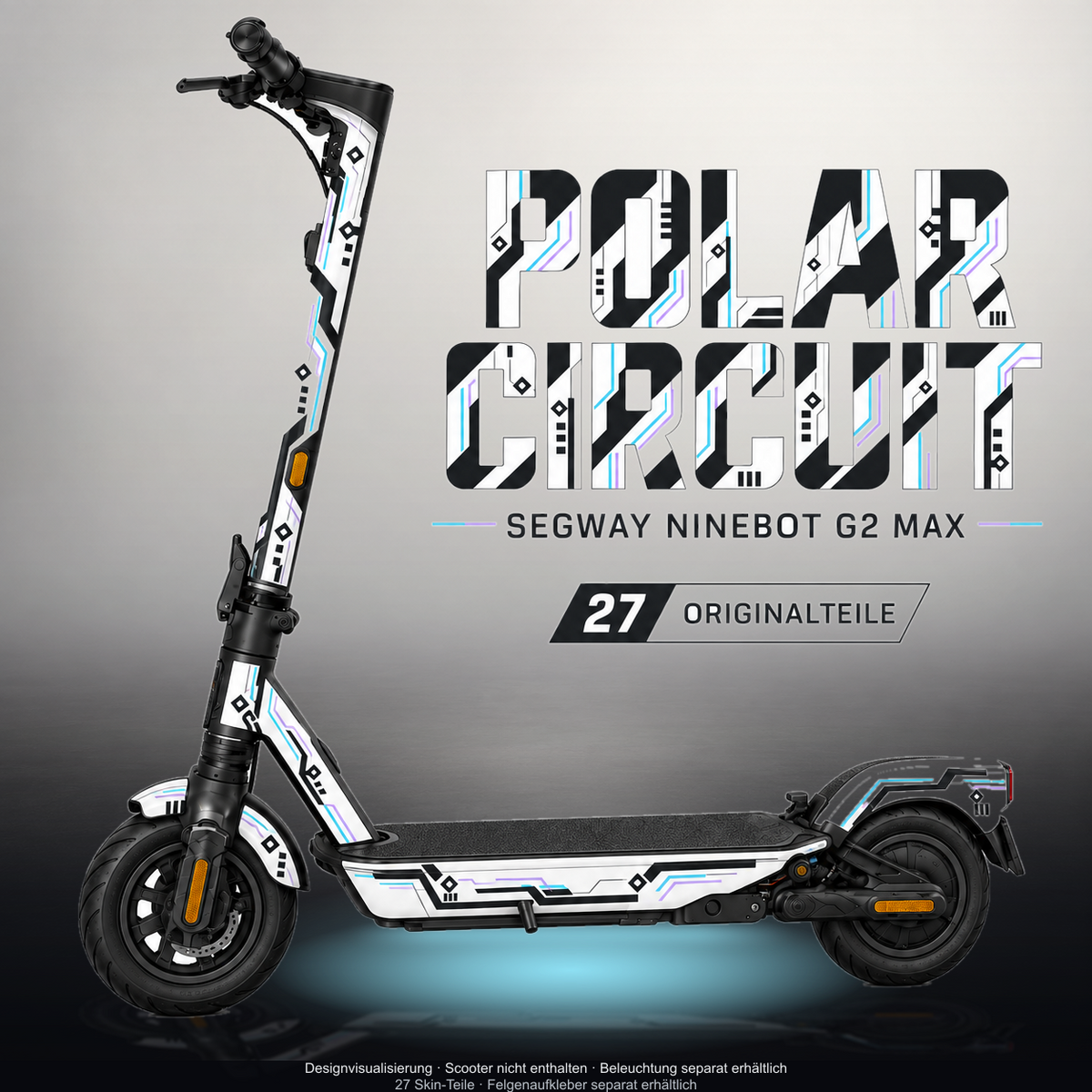 SEGWAY NINEBOT G2 MAX SKIN | POLAR CIRCUIT – Studiofoto mit Licht in der Skinfarbe; Scooter und Beleuchtung separat erhältlich