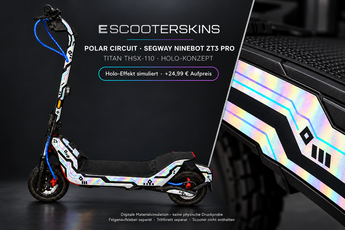 POLAR CIRCUIT – Holo-Effekt simuliert; +24,99 EUR Aufpreis. Digitale Materialsimulation, keine physische Druckprobe. Trittbrett und Felgenaufkleber separat; Scooter nicht enthalten.