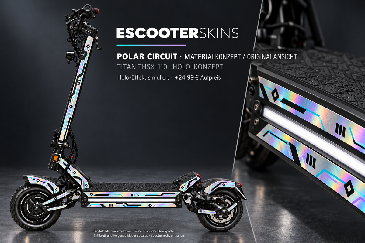 POLAR CIRCUIT · Holo-Effekt simuliert · +24,99 € Aufpreis · digitale Materialsimulation, keine physische Druckprobe; Trittbrett und Felgenaufkleber separat; Scooter nicht enthalten.